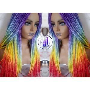 Rainbow Wig Mermaid Purple Blue Orange Box Braids braided Lace Part Wig Pride